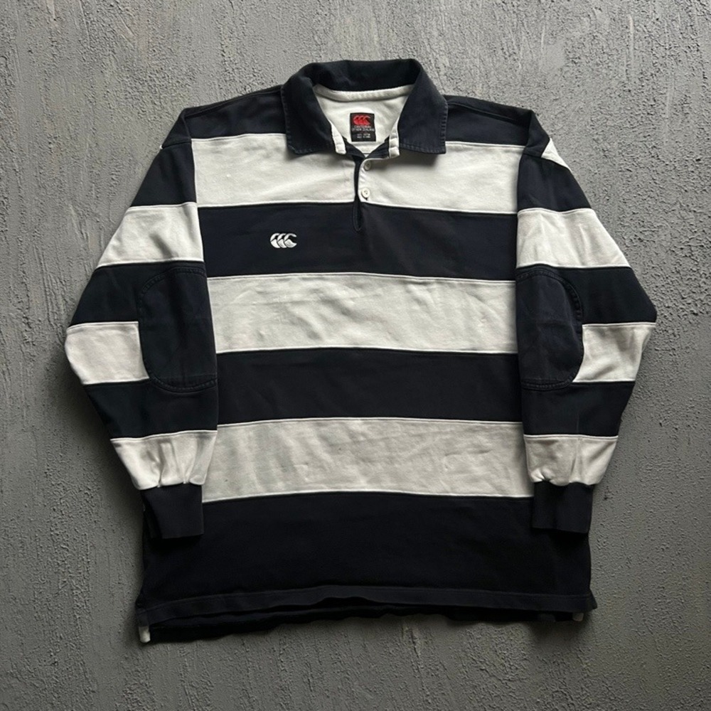 Vintage Canterbury Rugby Shirt XL Black 1990s Striped Long Sleeve Polo